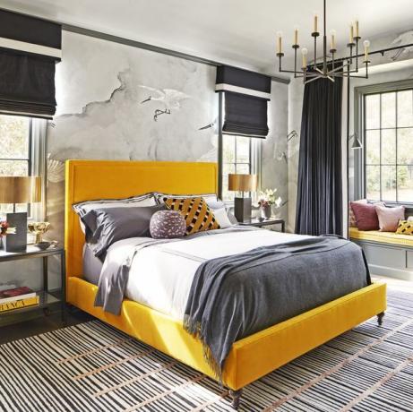 Miegamasis, Baldai, lova, kambarys, interjero dizainas, lovos rėmas, geltona, paklodė, nuosavybė, grindys, 