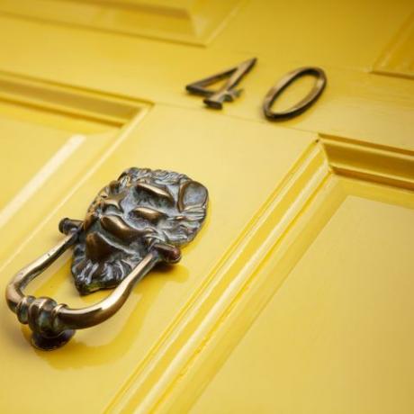 priekinės durys dažytos geltonai durys su beldimu