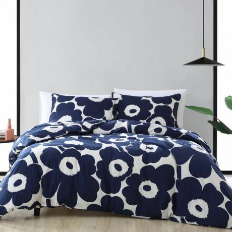 Indigo mėlynos spalvos Marimekko Unikko antklodės užvalkalas ir apatinis komplektas