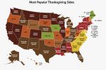 Šiame žemėlapyje atskirai parodoma žmonių mėgstamiausia padėkos diena