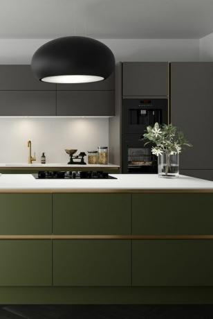 žalia virtuvė, pilkos spintelės, integra soho kavos tirščiai ir žalios alyvuogės prie magneto